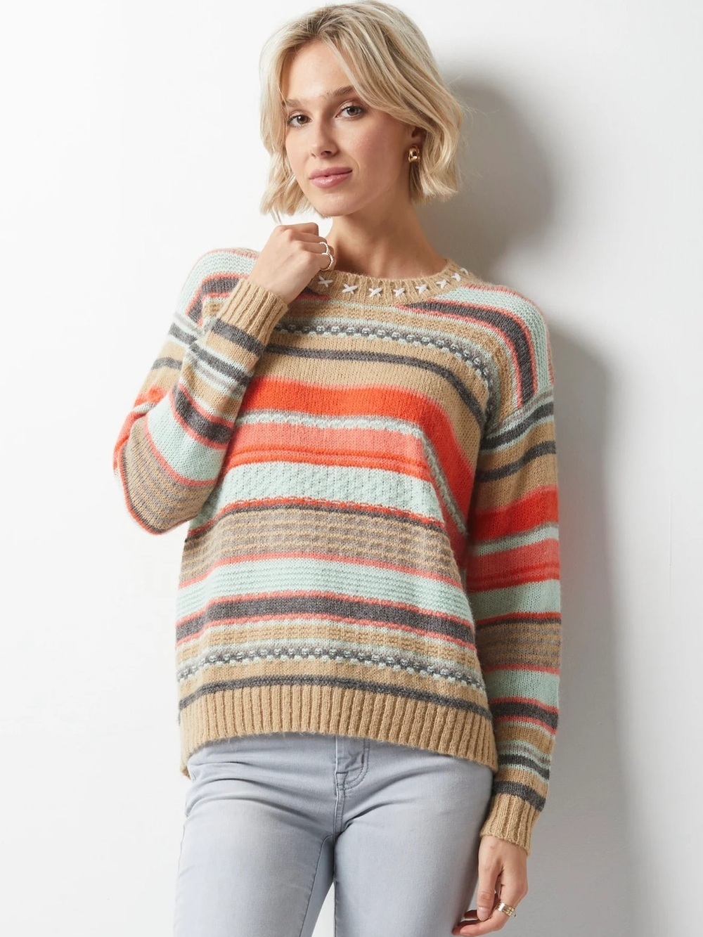 Zaket & Plover Sweater Womens Size XS Taupe Mint Coral Merino Mohair Blend